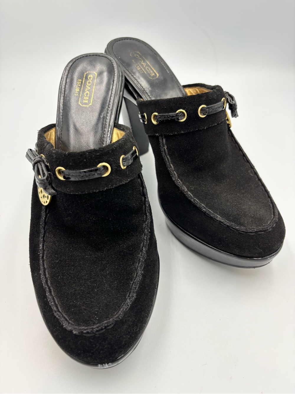 Coach VTG Jodey Black Suede Leather Heeled Mules Platform Clogs Sz 9.5